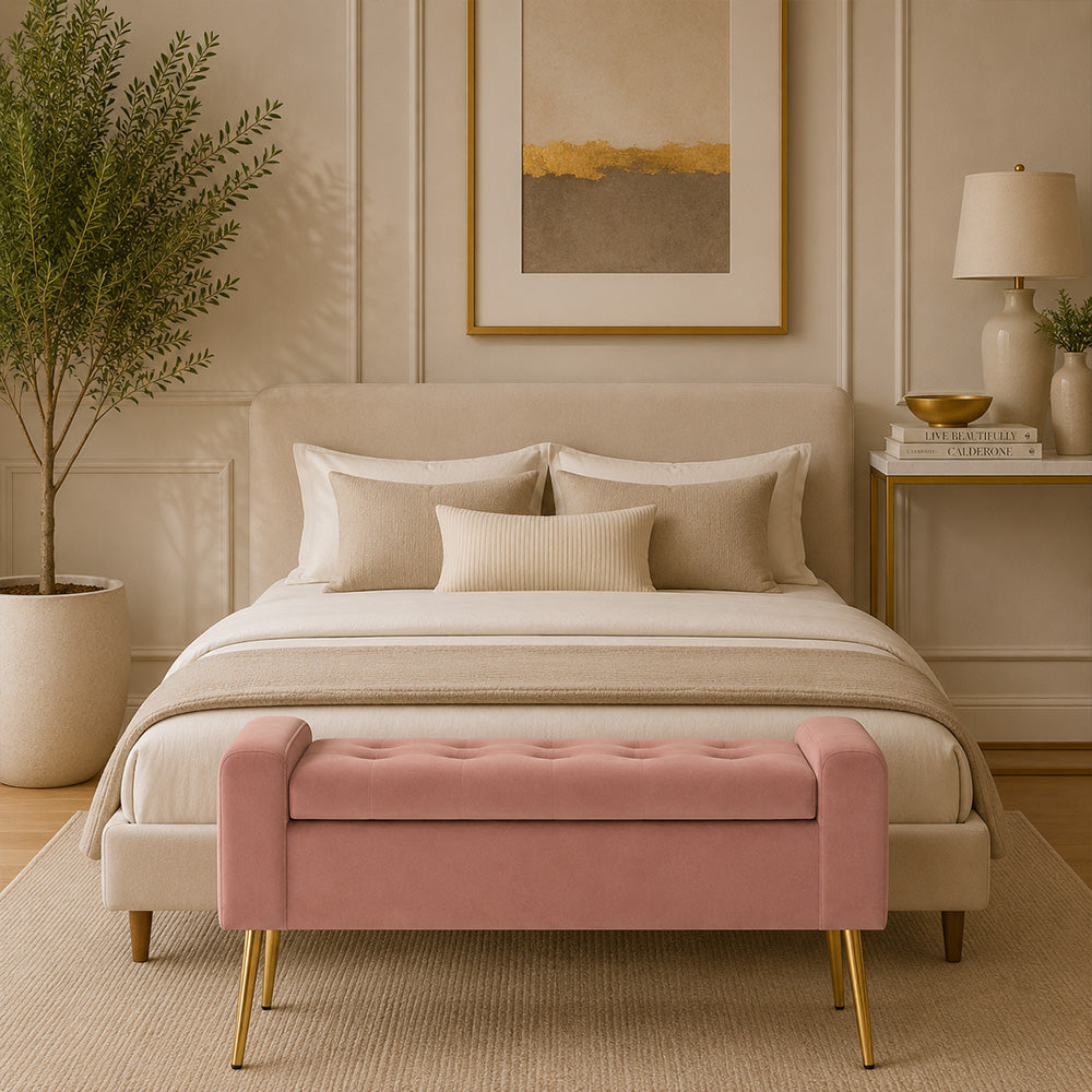 Pink Upholstered Storage Bench with Gold Legs