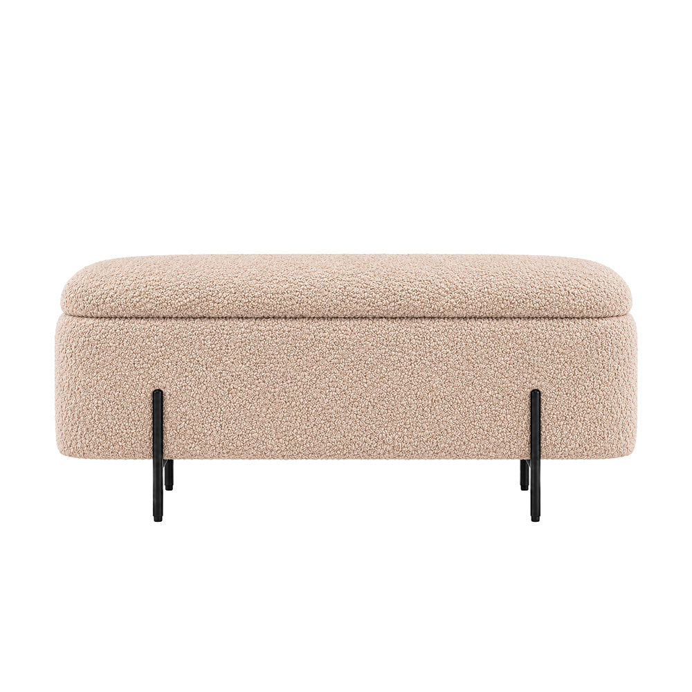 Light Brown Boucle Storage Bench with Black Metal Legs