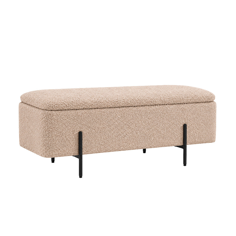 Light Brown Boucle Storage Bench with Black Metal Legs