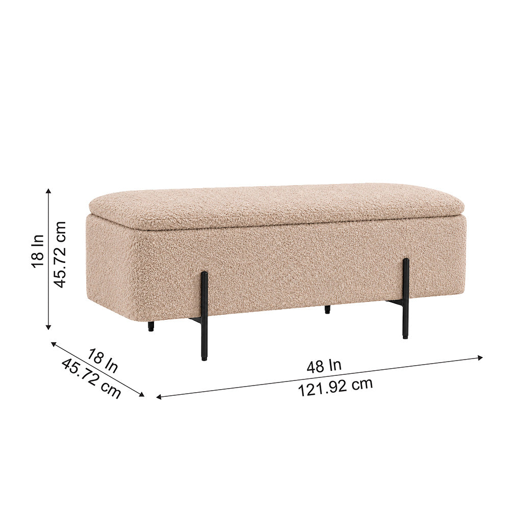 Light Brown Boucle Storage Bench with Black Metal Legs