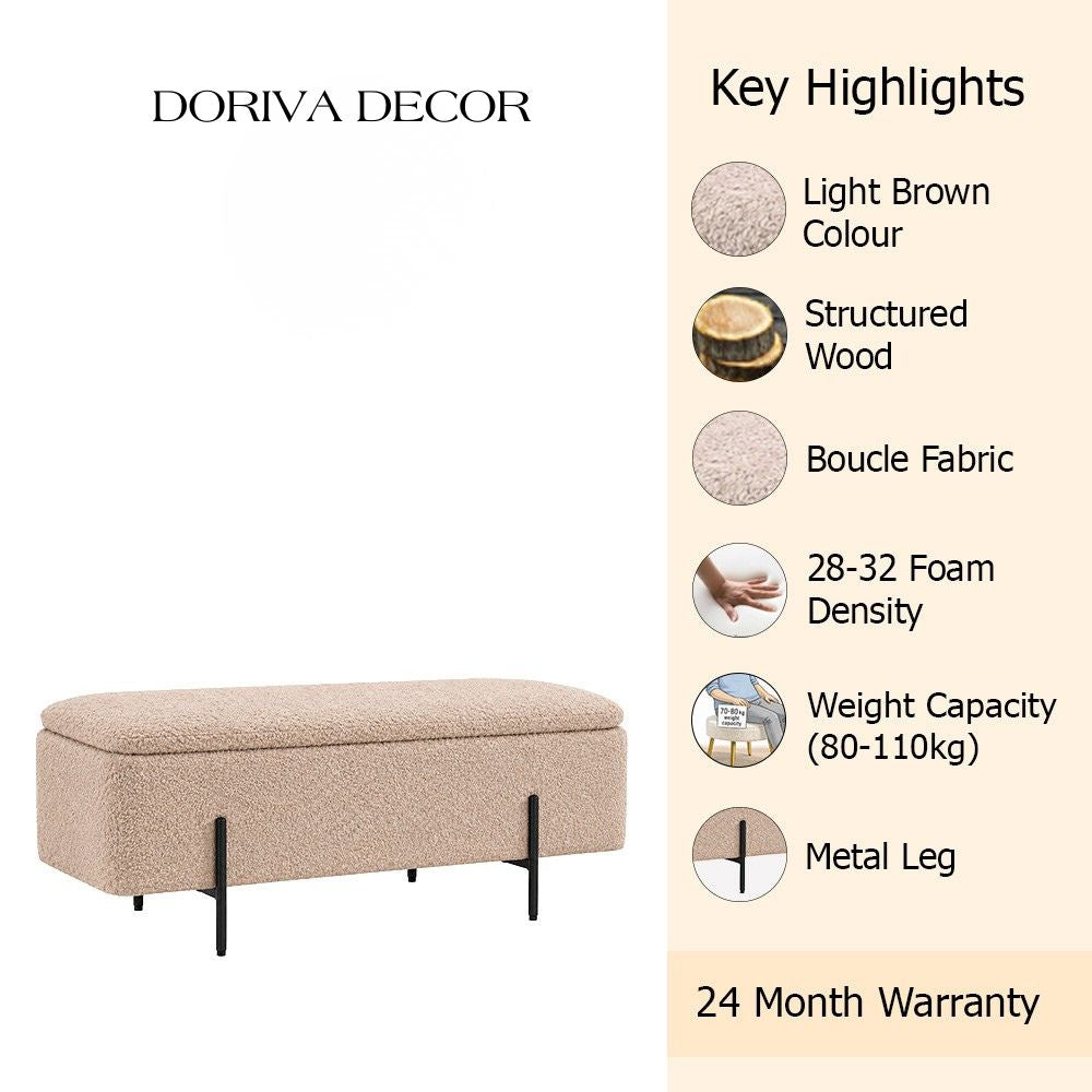 Light Brown Boucle Storage Bench with Black Metal Legs