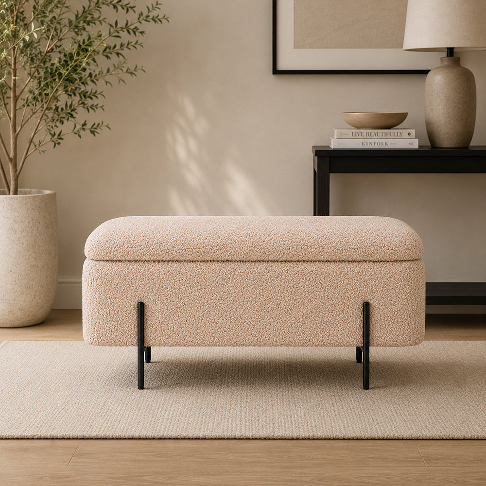 Light Brown Boucle Storage Bench with Black Metal Legs