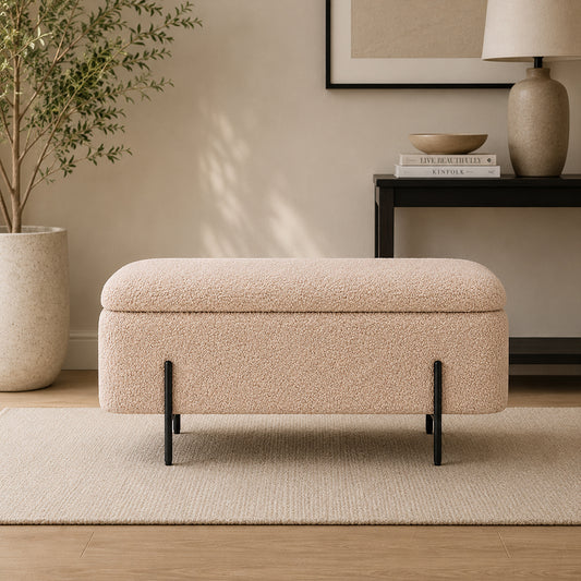 Light Brown Boucle Storage Bench with Black Metal Legs