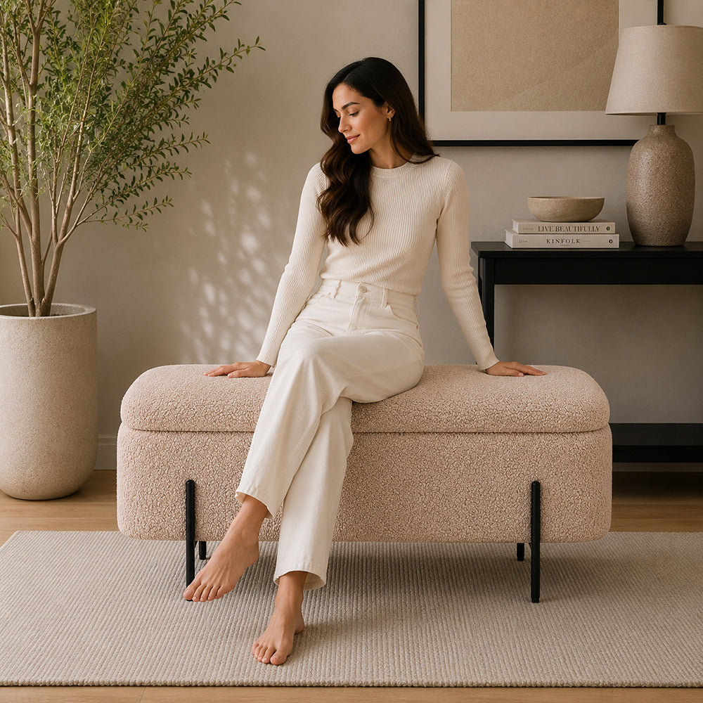 Light Brown Boucle Storage Bench with Black Metal Legs