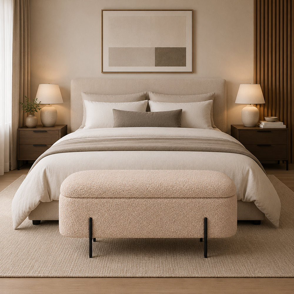 Light Brown Boucle Storage Bench with Black Metal Legs