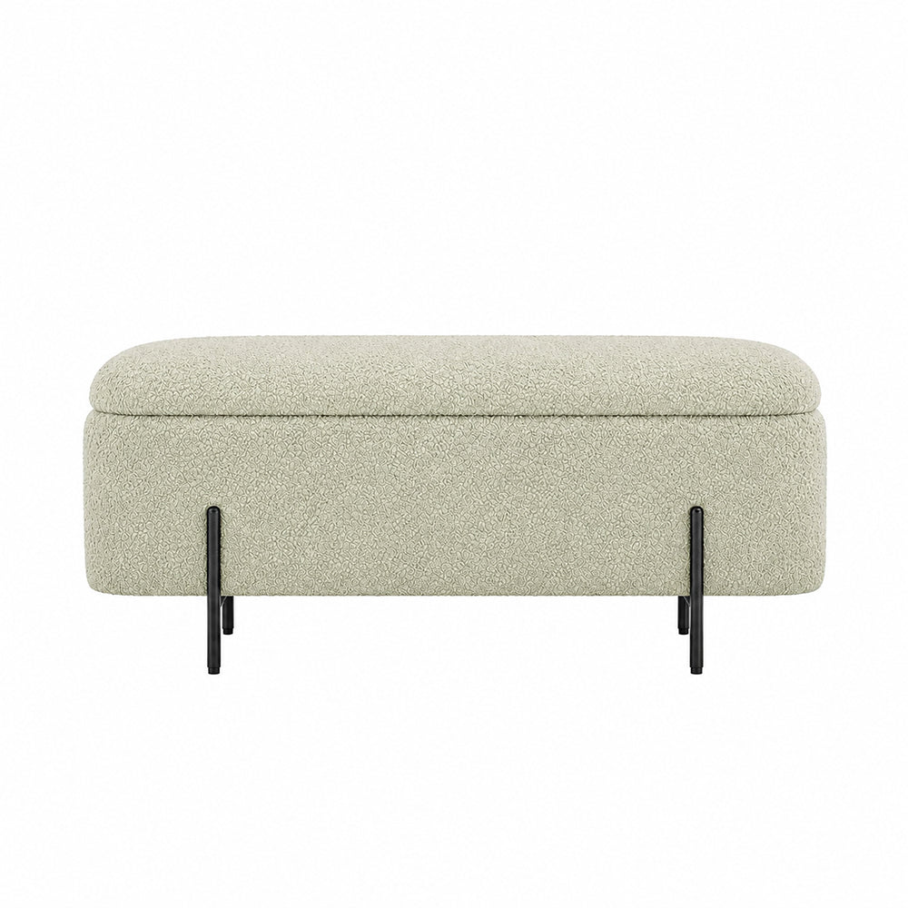Sage Boucle Storage Bench with Black Metal Legs