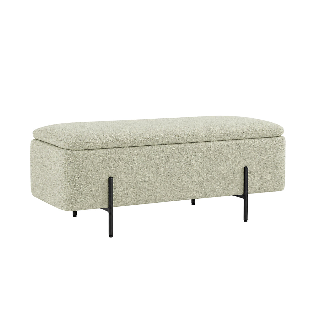 Sage Boucle Storage Bench with Black Metal Legs
