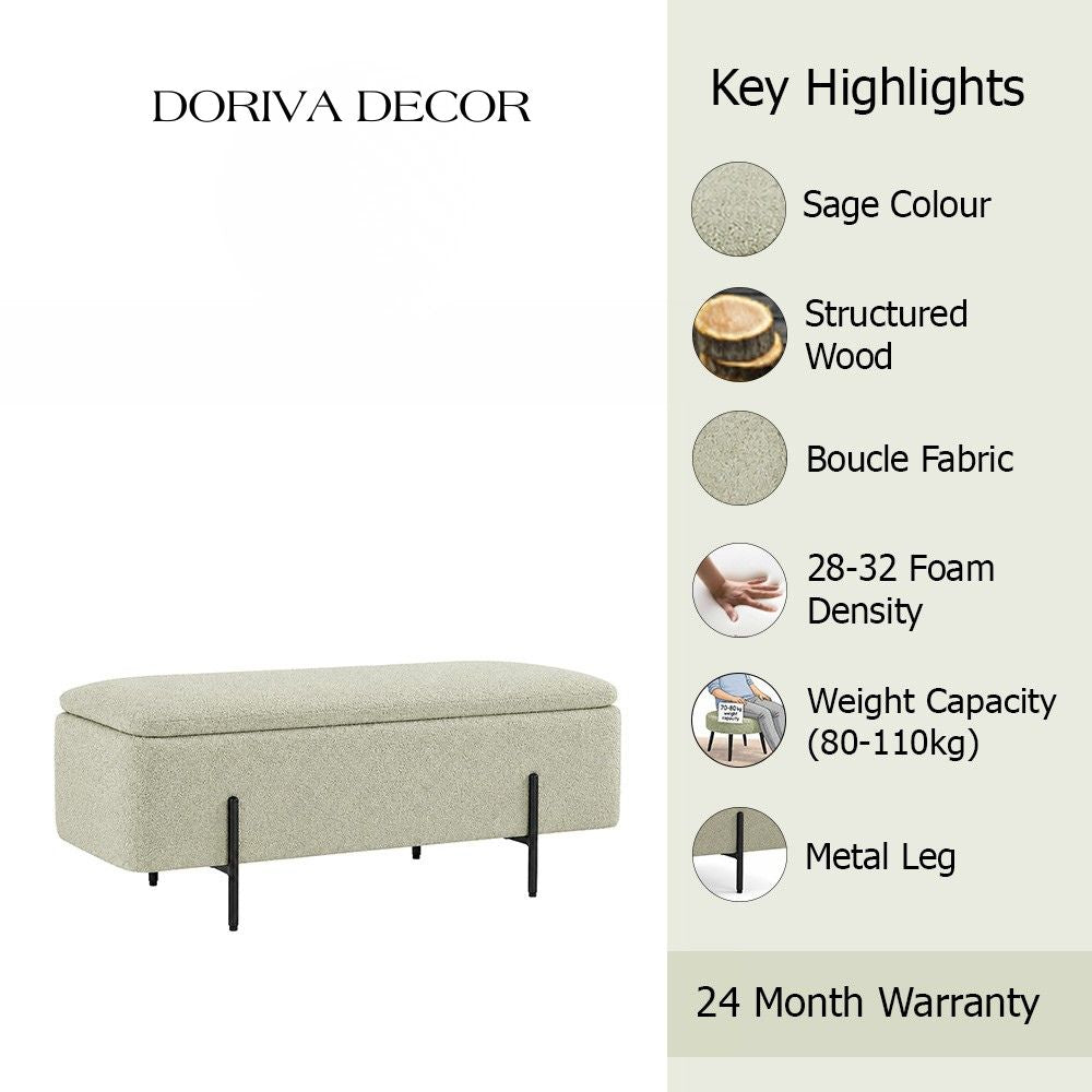 Sage Boucle Storage Bench with Black Metal Legs