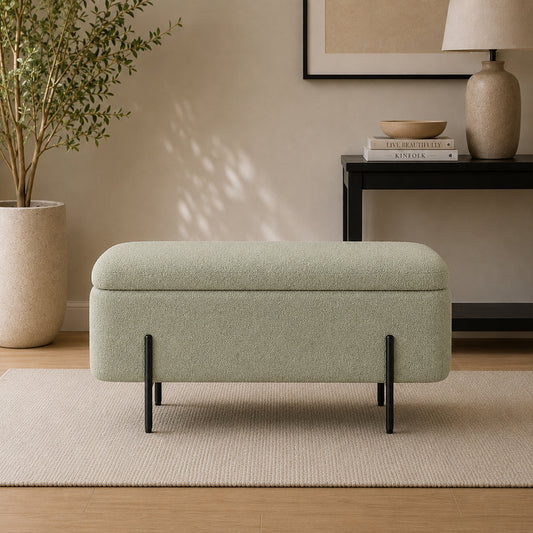 Sage Boucle Storage Bench with Black Metal Legs
