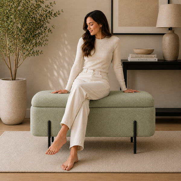Sage Boucle Storage Bench with Black Metal Legs