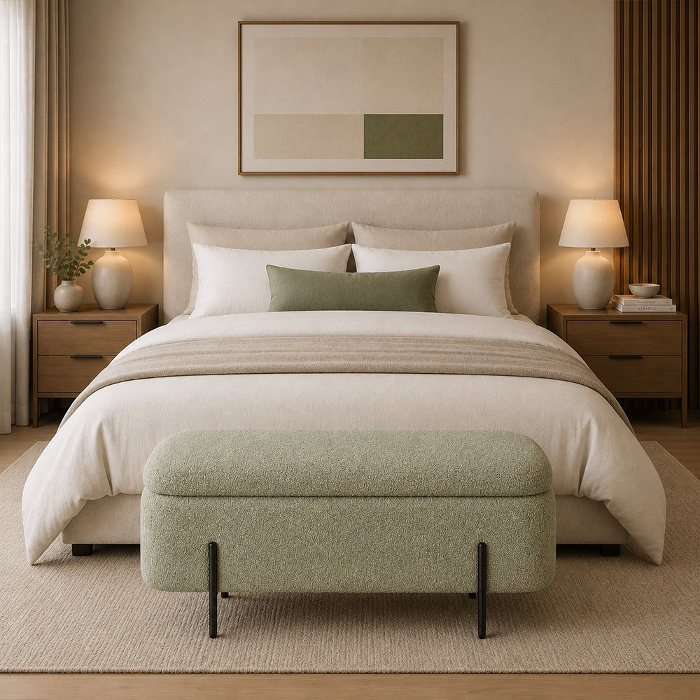 Sage Boucle Storage Bench with Black Metal Legs