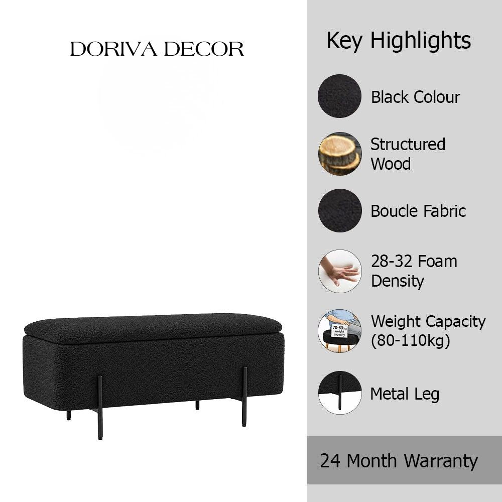Black Boucle Storage Bench with Black Metal Legs