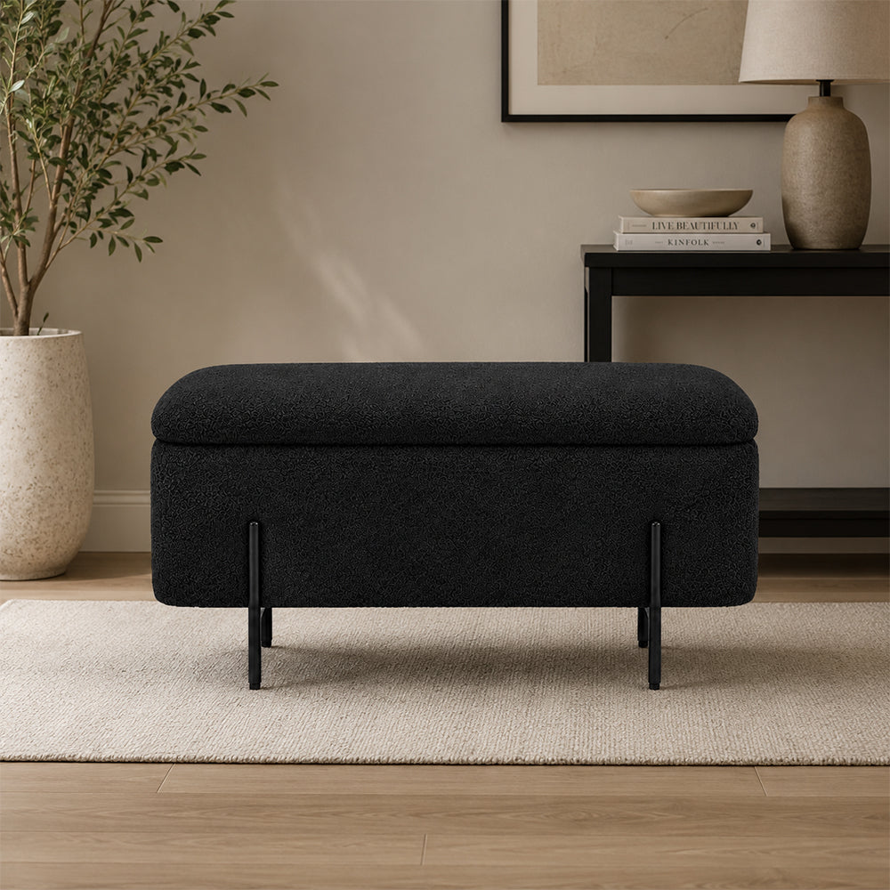 Black Boucle Storage Bench with Black Metal Legs