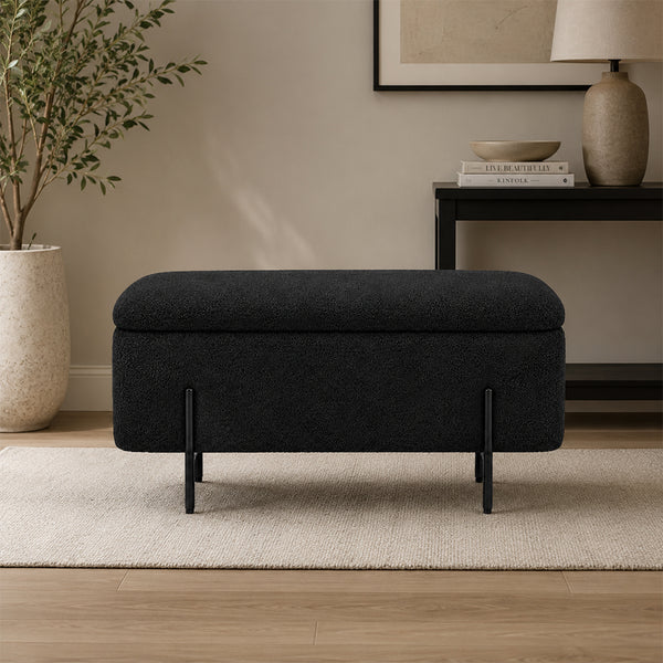 Black Boucle Storage Bench with Black Metal Legs