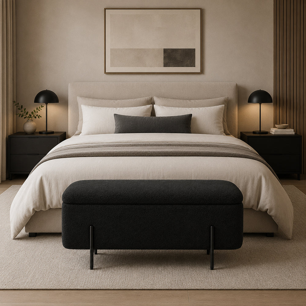 Black Boucle Storage Bench with Black Metal Legs