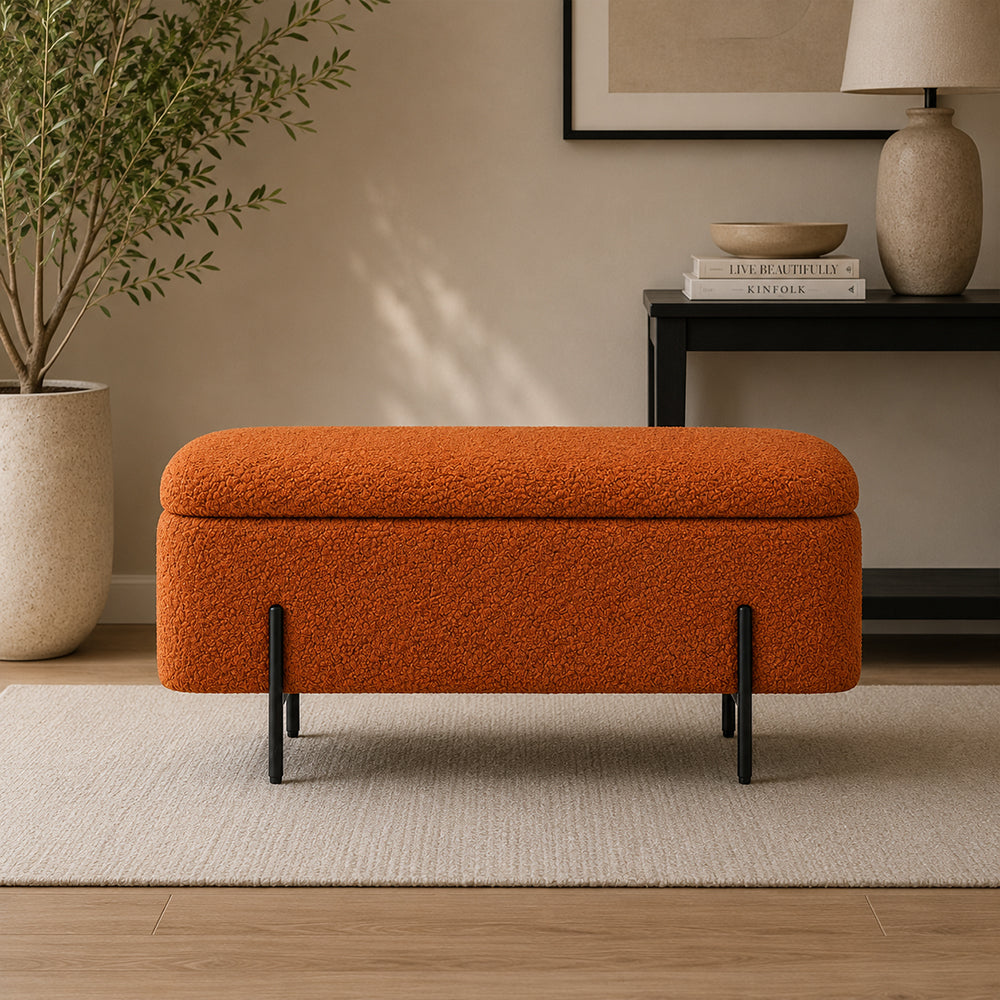 Rust Boucle Storage Bench with Black Metal Legs