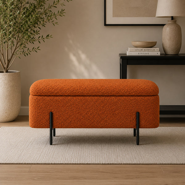 Rust Boucle Storage Bench with Black Metal Legs