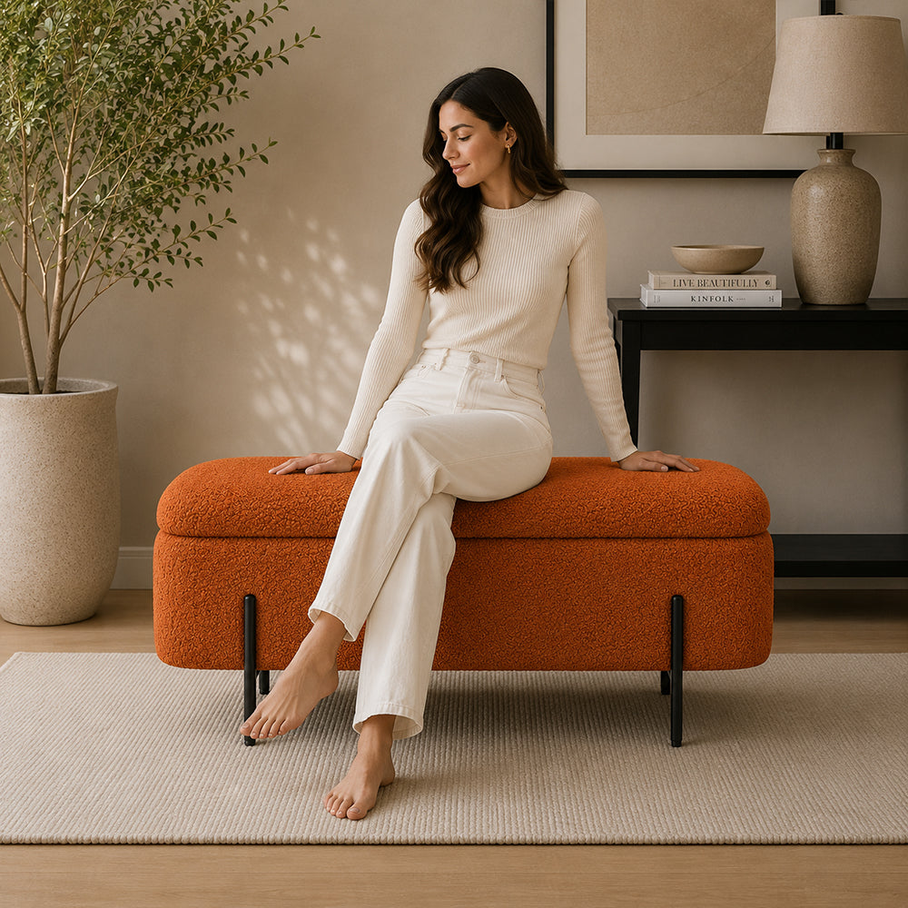 Rust Boucle Storage Bench with Black Metal Legs