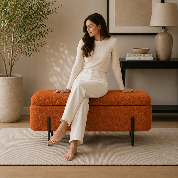 Rust Boucle Storage Bench with Black Metal Legs