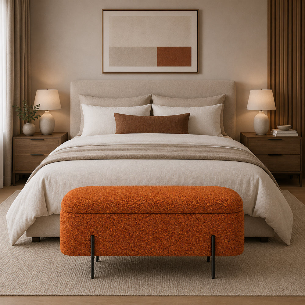 Rust Boucle Storage Bench with Black Metal Legs