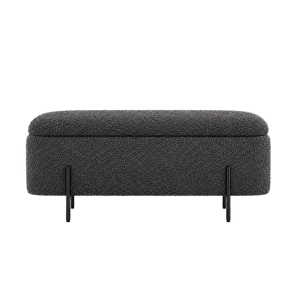 Grey Boucle Storage Bench with Black Metal Legs