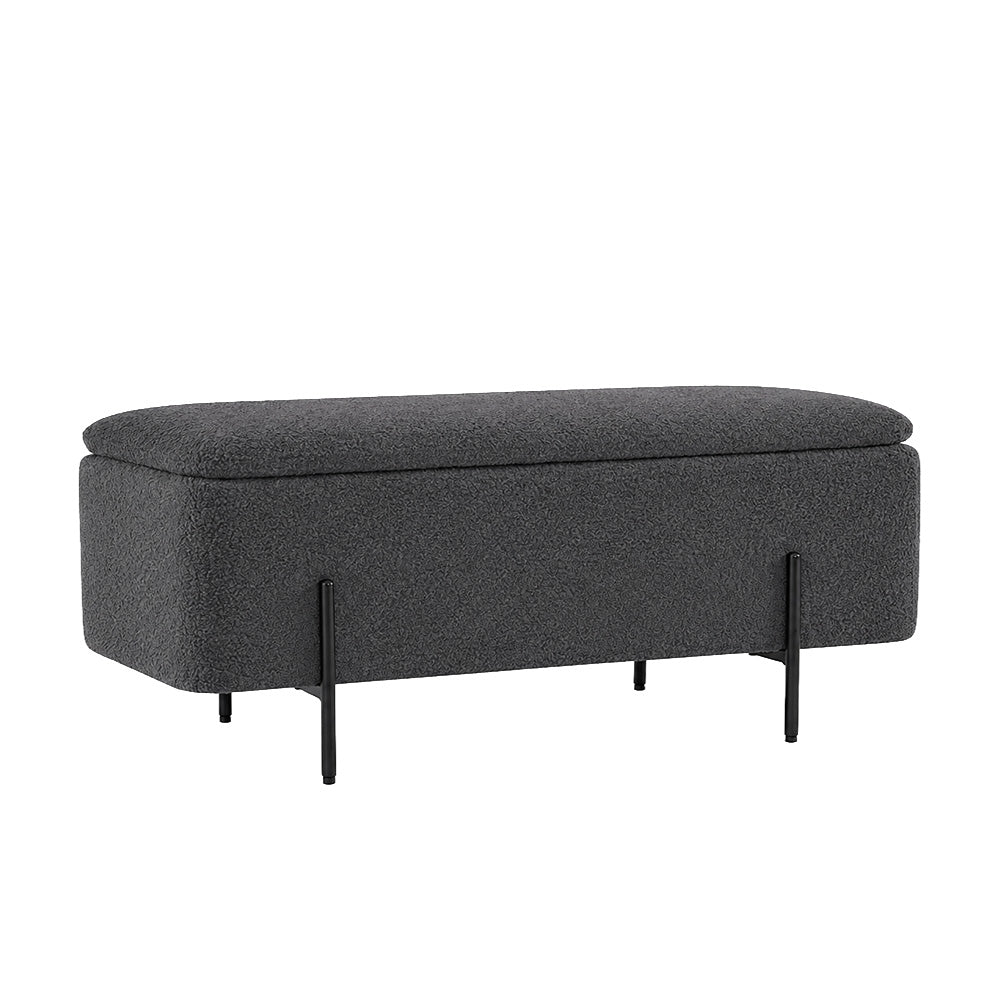 Grey Boucle Storage Bench with Black Metal Legs
