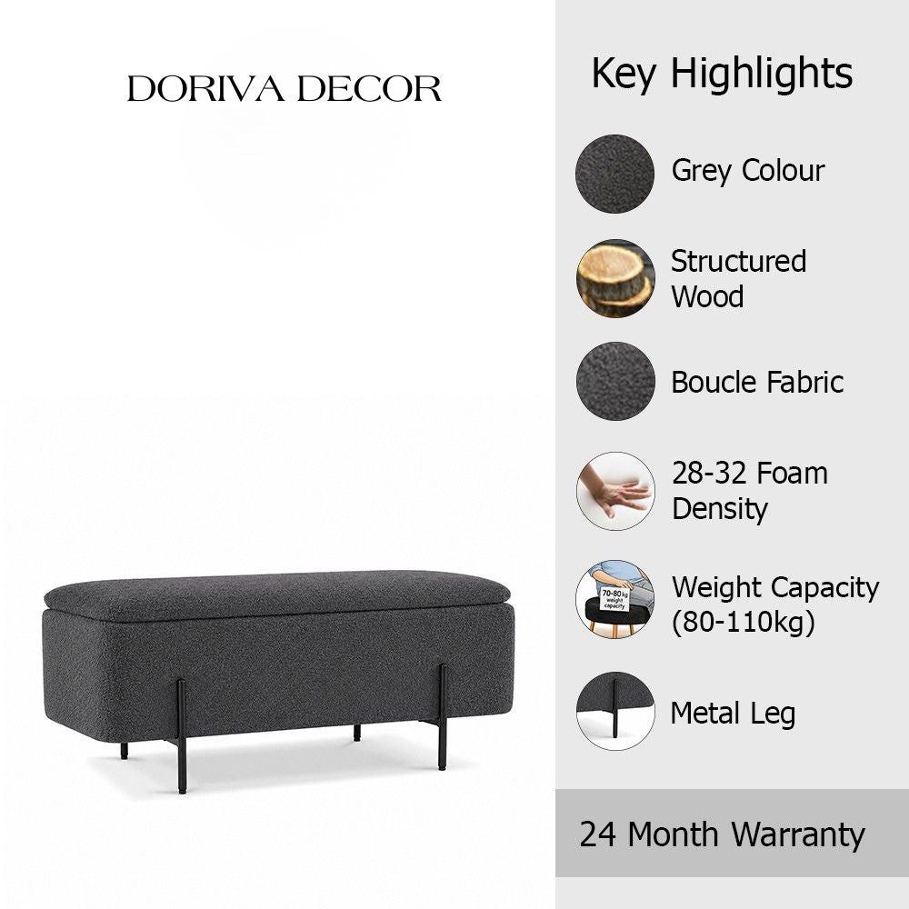 Grey Boucle Storage Bench with Black Metal Legs