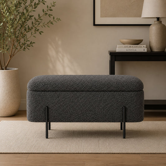 Grey Boucle Storage Bench with Black Metal Legs