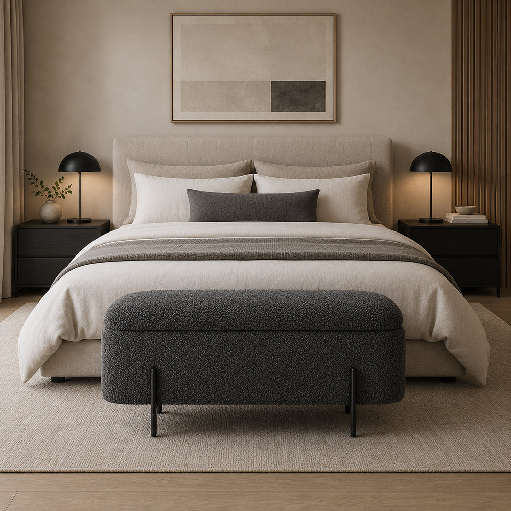 Grey Boucle Storage Bench with Black Metal Legs