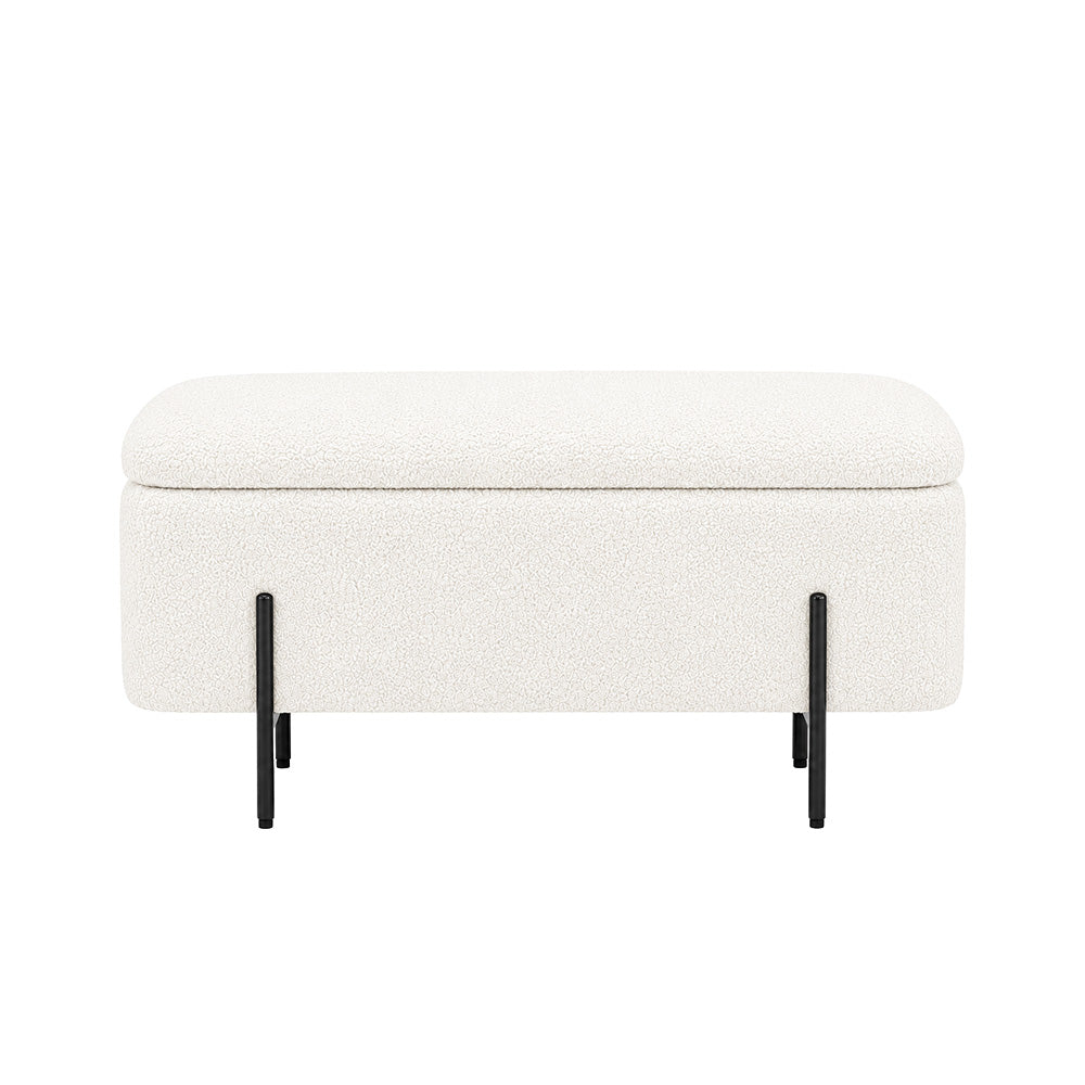 White Boucle Storage Bench with Black Metal Legs