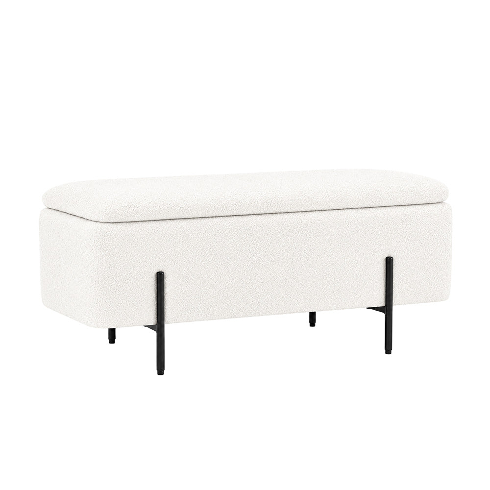 White Boucle Storage Bench with Black Metal Legs