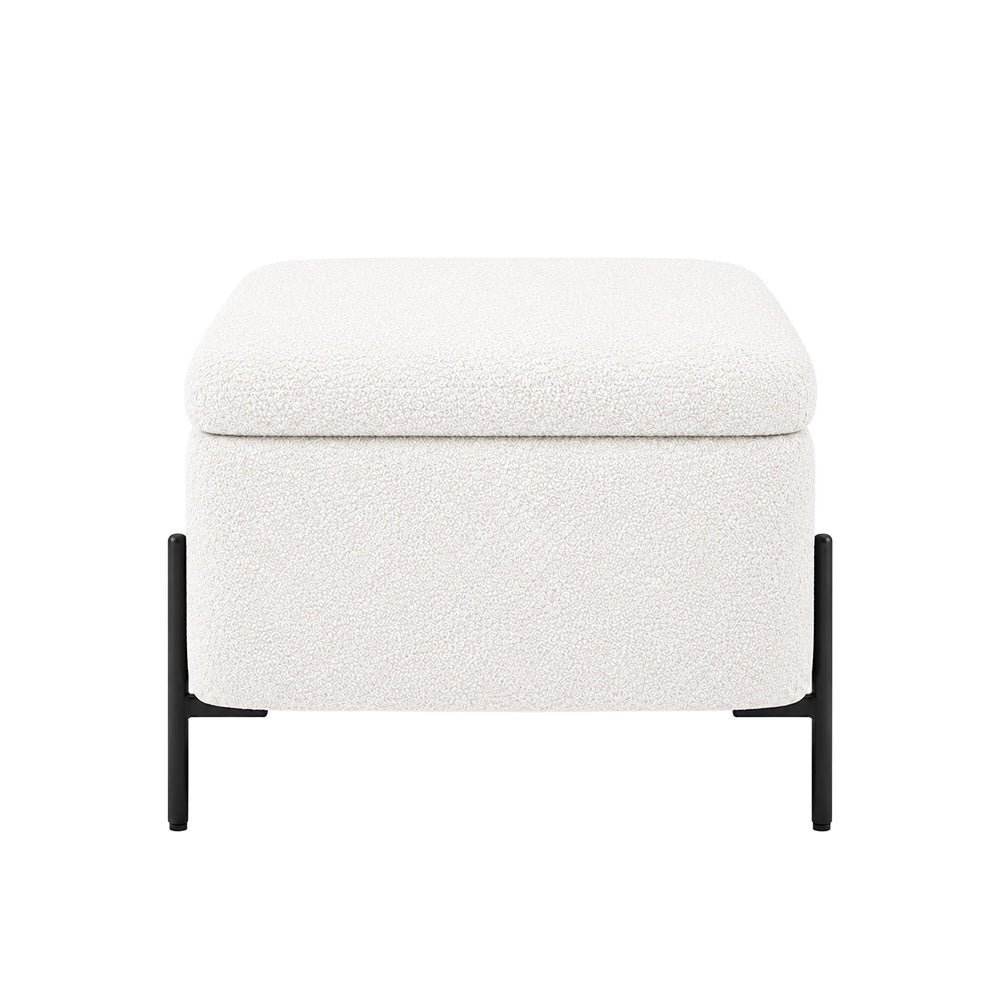 White Boucle Storage Bench with Black Metal Legs