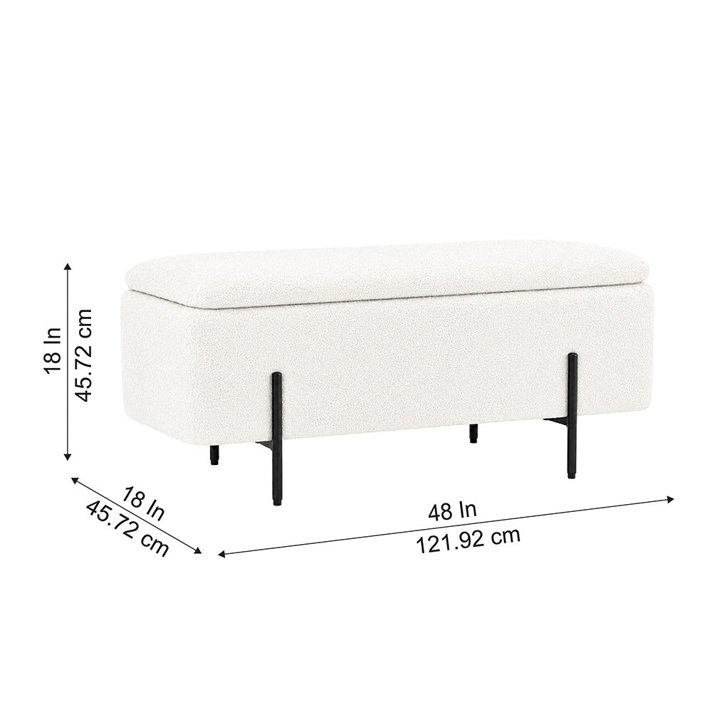 White Boucle Storage Bench with Black Metal Legs