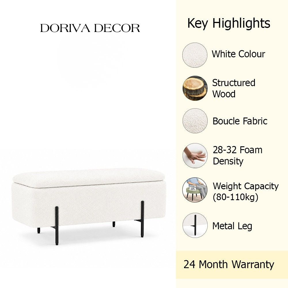 White Boucle Storage Bench with Black Metal Legs
