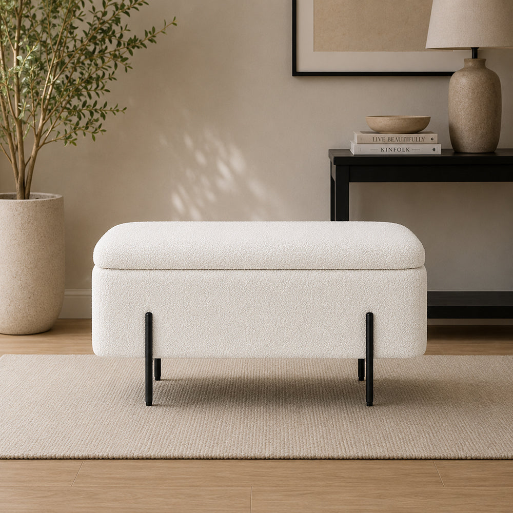 White Boucle Storage Bench with Black Metal Legs