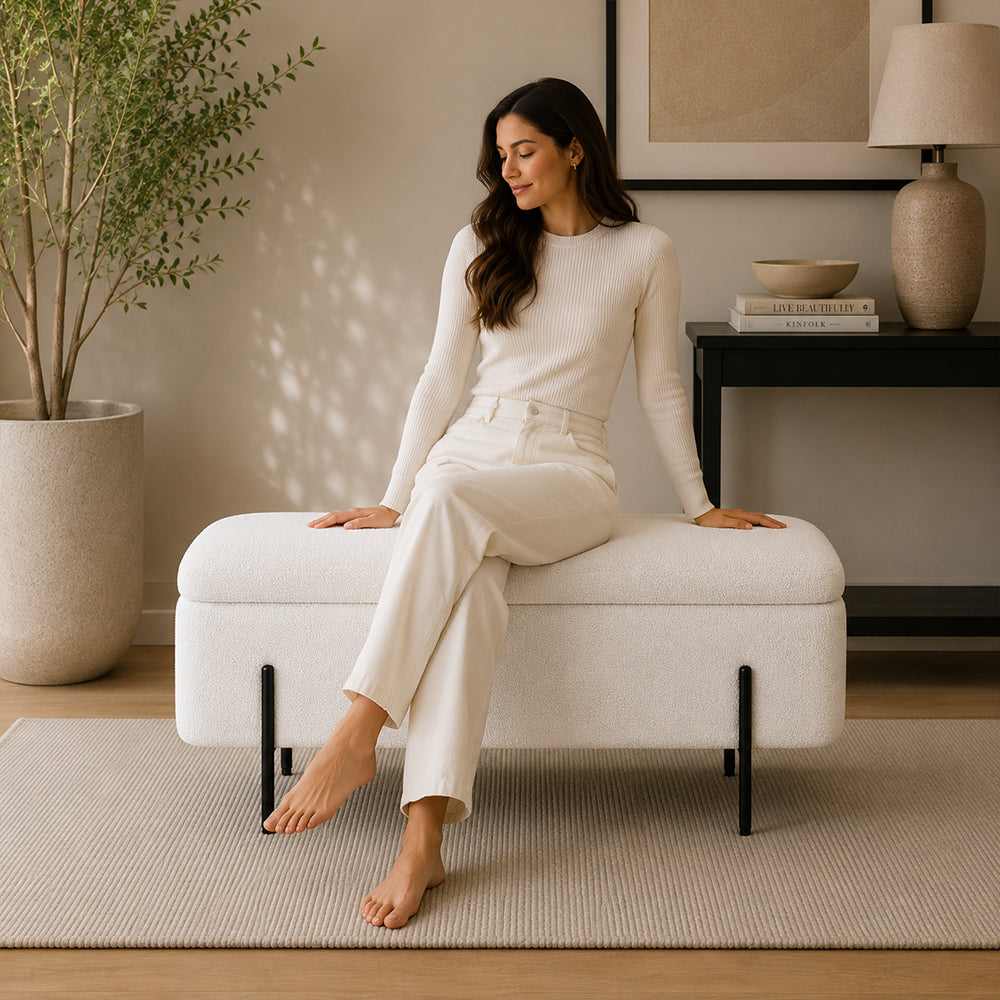 White Boucle Storage Bench with Black Metal Legs