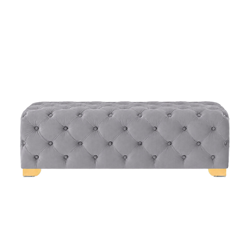 Grey Velvet Tufted Bench with Gold Base