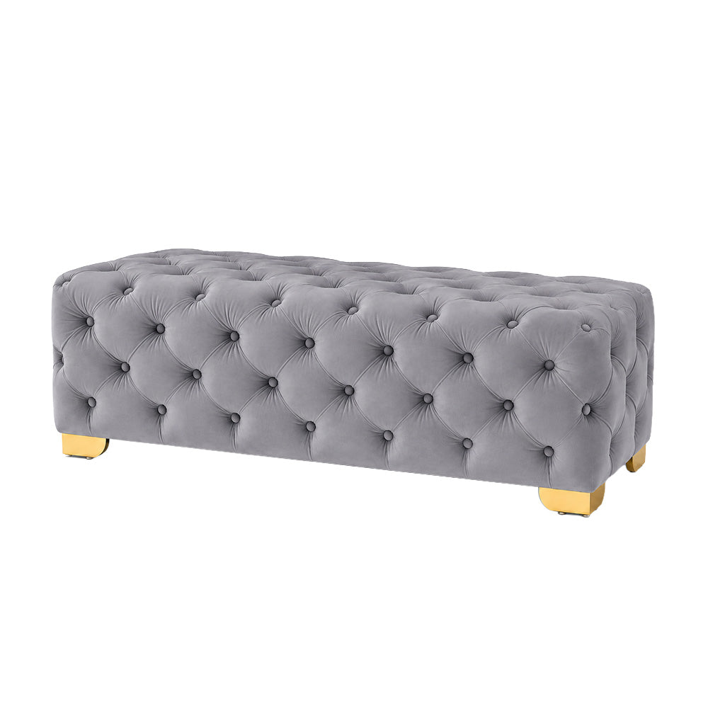 Grey Velvet Tufted Bench with Gold Base