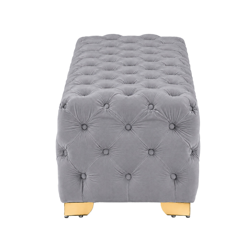 Grey Velvet Tufted Bench with Gold Base