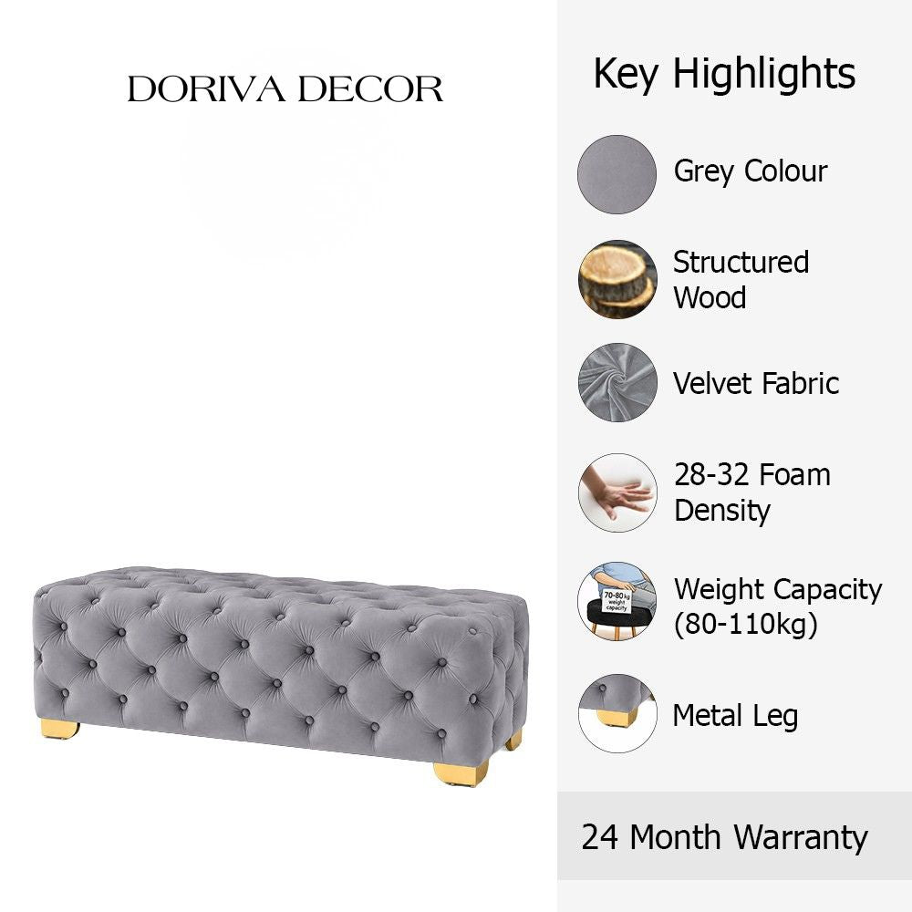 Grey Velvet Tufted Bench with Gold Base