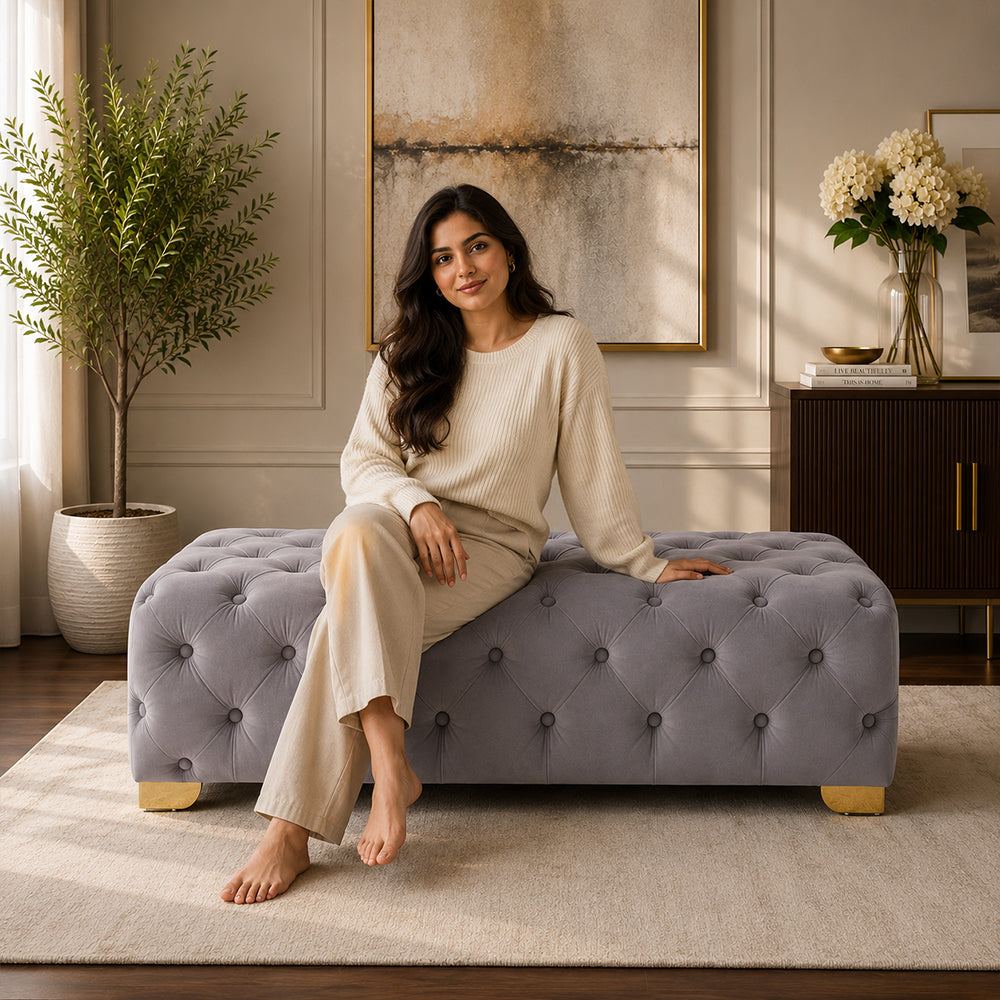 Grey Velvet Tufted Bench with Gold Base