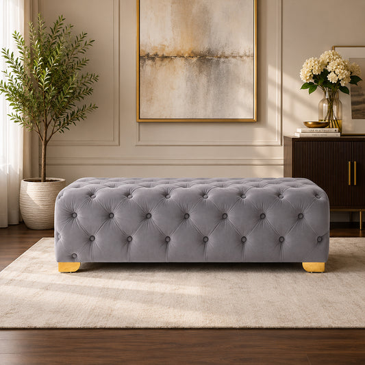 Grey Velvet Tufted Bench with Gold Base