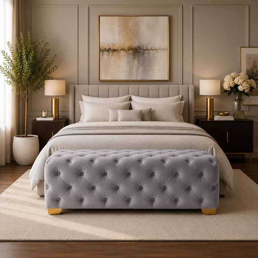 Grey Velvet Tufted Bench with Gold Base