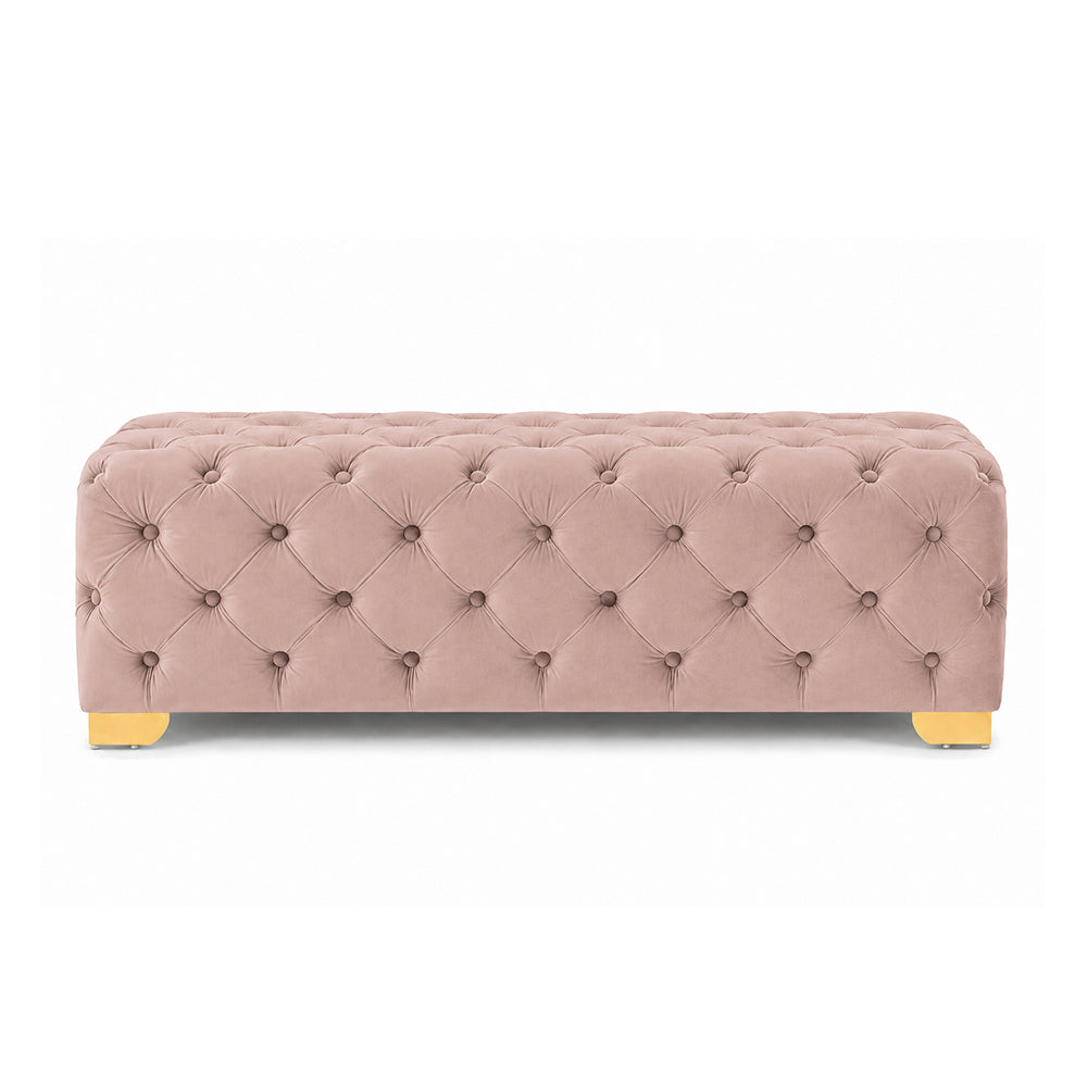 Pink Velvet Tufted Bench with Gold Base