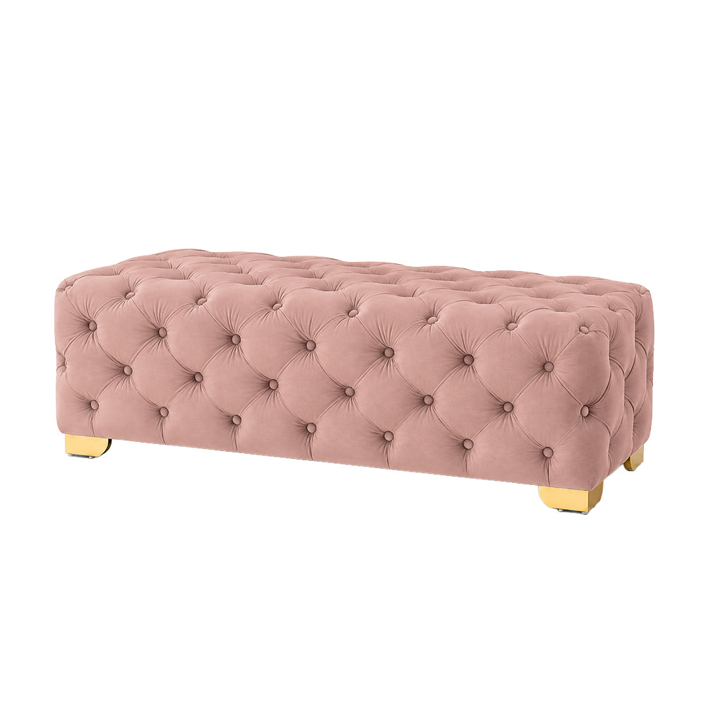 Pink Velvet Tufted Bench with Gold Base