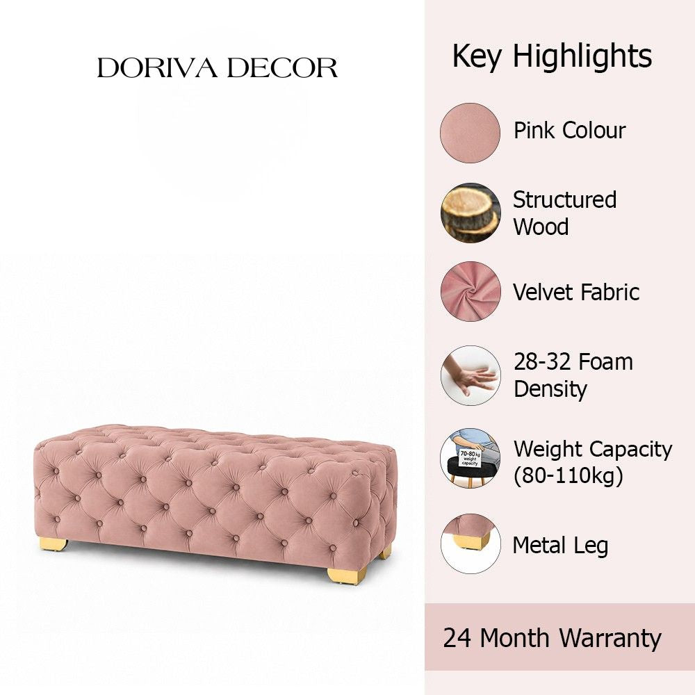 Pink Velvet Tufted Bench with Gold Base