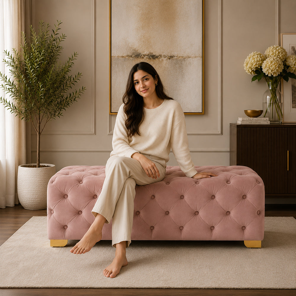Pink Velvet Tufted Bench with Gold Base