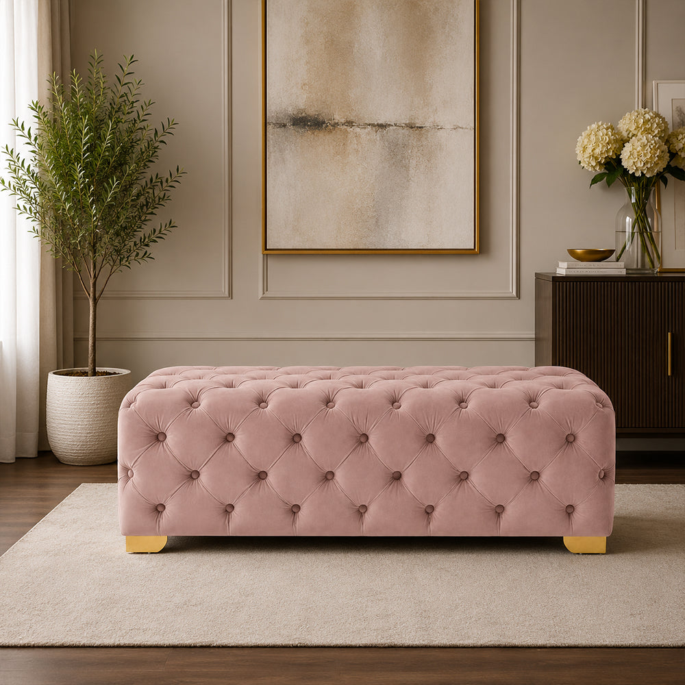 Pink Velvet Tufted Bench with Gold Base