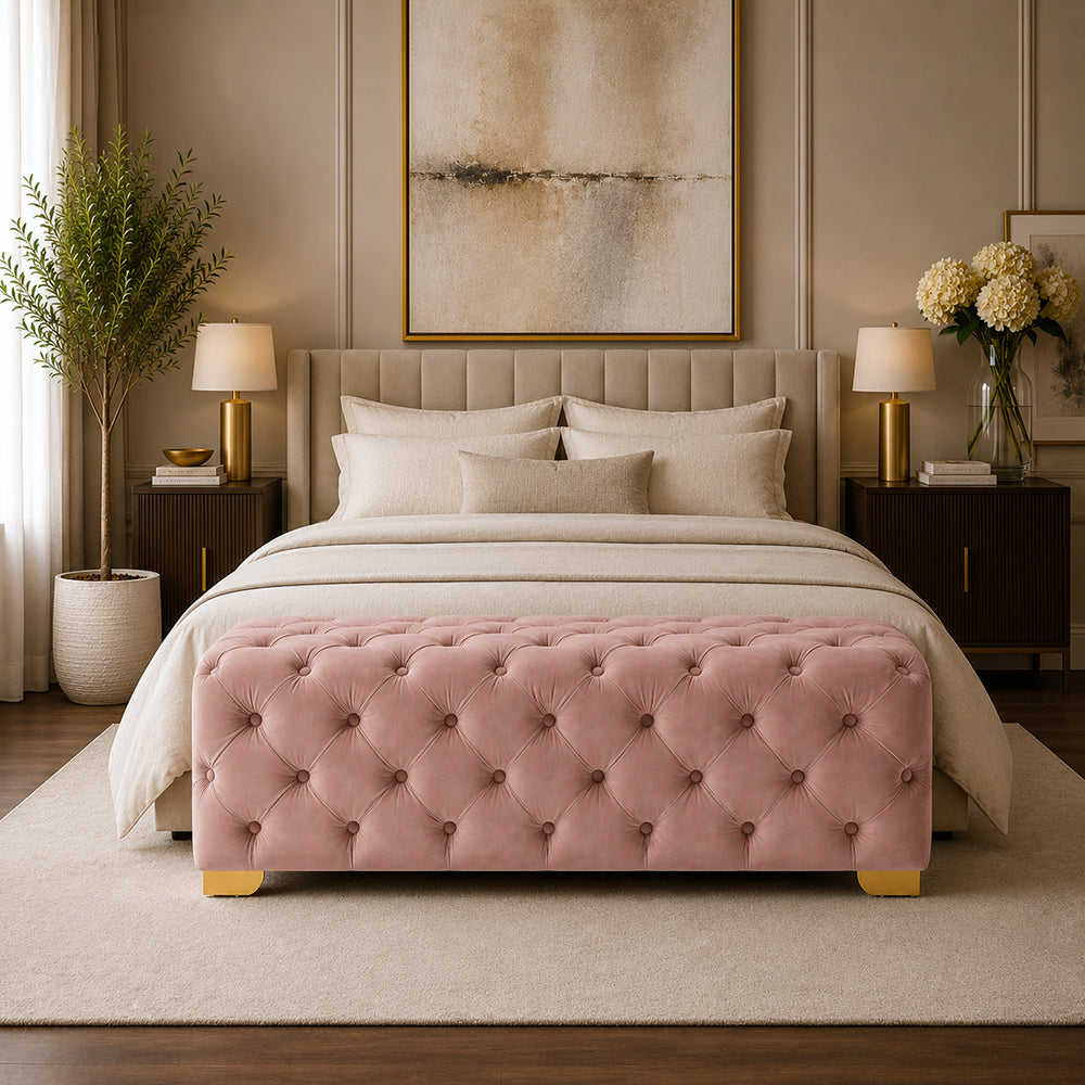 Pink Velvet Tufted Bench with Gold Base