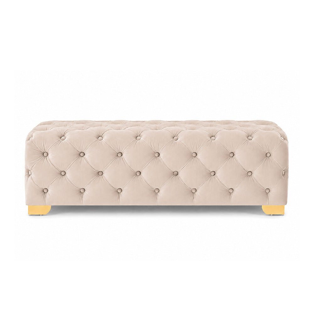 Blue Velvet Tufted Bench with Gold Base